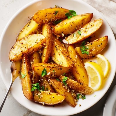 Warm Authentic Greek Lemon Potatoes Recipe served with crispy edges and bright lemon