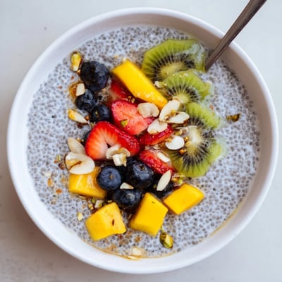 Creamy Coconut Chia Pudding in glass jar, garnished with fresh berries