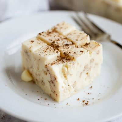 Rich Eggnog Fudge cut into bite-sized pieces, perfect for holiday plates.