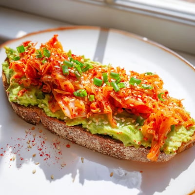 Kimchi avocado toast topped with bright green onions and a sesame oil drizzle