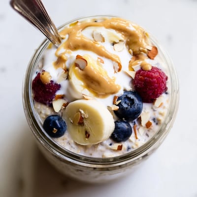 Thick protein overnight oats layered with banana slices and chia seeds