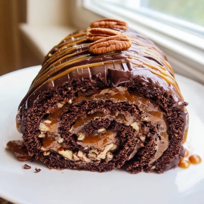 Spiraled Gooey Chocolate Caramel Turtle Cake Roll filled with sticky pecan caramel