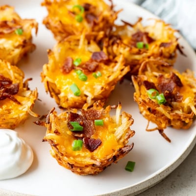 Crispy hashbrown bites loaded with gooey cheese smoky bacon and fresh green onions