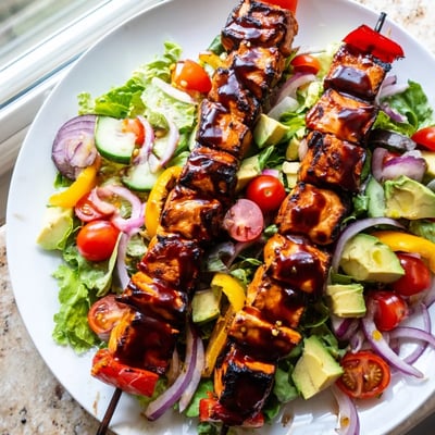 Smoky charred BBQ chicken skewer salad with ripe avocado and bright bell peppers