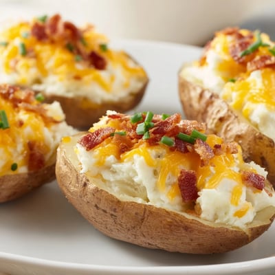 Creamy jalapeno popper twice baked potatoes garnished with fresh green onion slices.