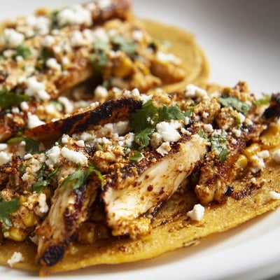 Spicy grilled chicken tacos loaded with zesty corn and crumbled cotija cheese.