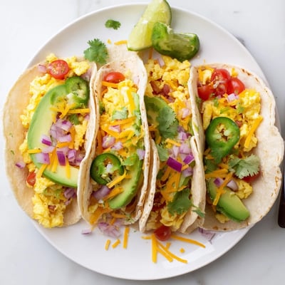 Warm tortillas stuffed with avocado and eggs in this breakfast tacos recipe  