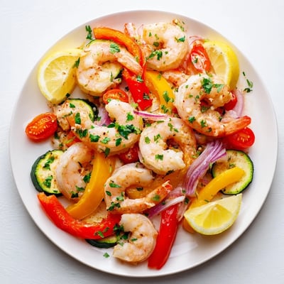 Juicy shrimp in garlic butter sauce with zucchini and peppers on a sheet pan.  