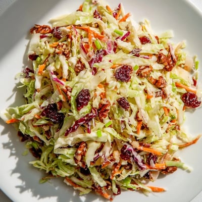 Creamy cranberry apple coleslaw topped with walnuts in a white serving bowl.